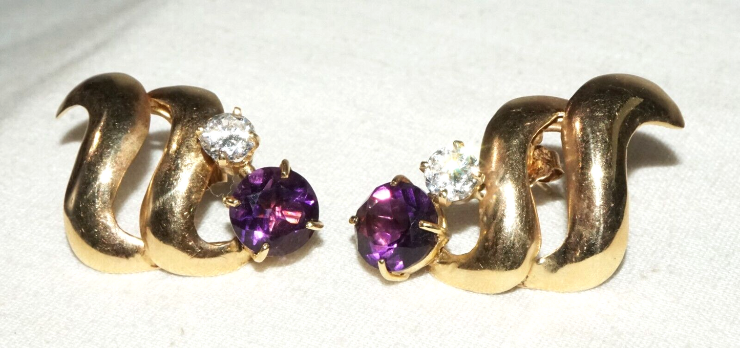 Vintage Modernist 14k Yellow Earrings 2x Amethysts & 2x Cubic Zirconia (GoB)#18b