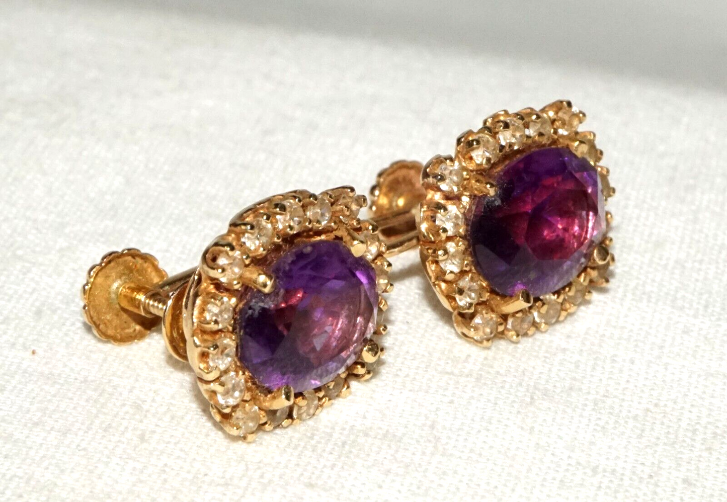 Vintage US 14k Yellow Earrings w. 2x Amethysts & 32x Cubic Zirconia (GoB)#12b