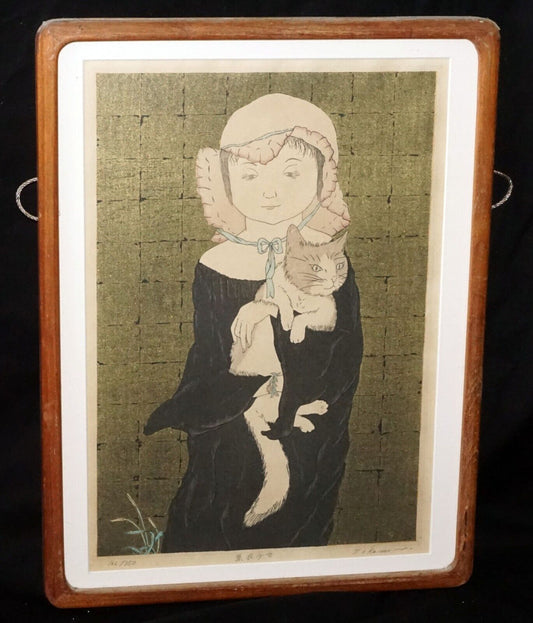 1985 Japanese Color Block Print "Girl & Cat" by Yoshimi Okamoto (b.1949) (FeH)