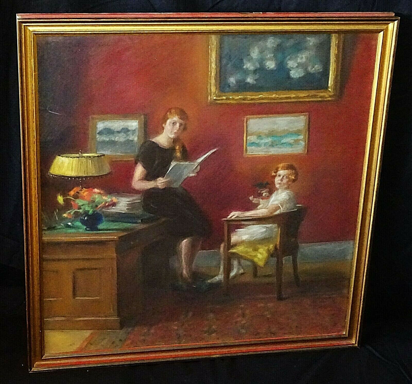 1925 US Pastel Painting Interior w. Mother & Daughter by illegibly signed (ScD)