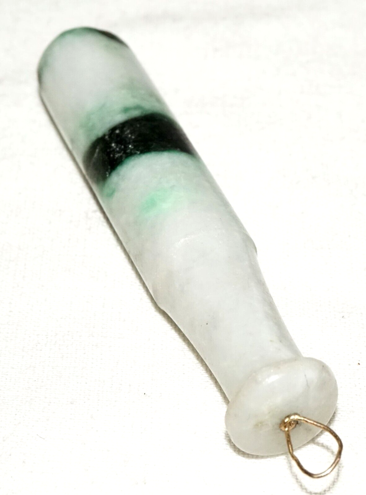 Vintage Chinese White & Emerald Jade Carved Cigarette Holder Pendant (LeS)L24