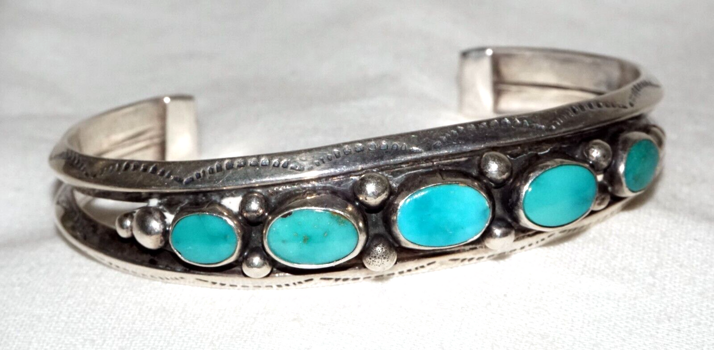 Vintage S.W. Heavy Silver Cuff Bracelet set w. 5x Turquoise Accents (KoS) L8