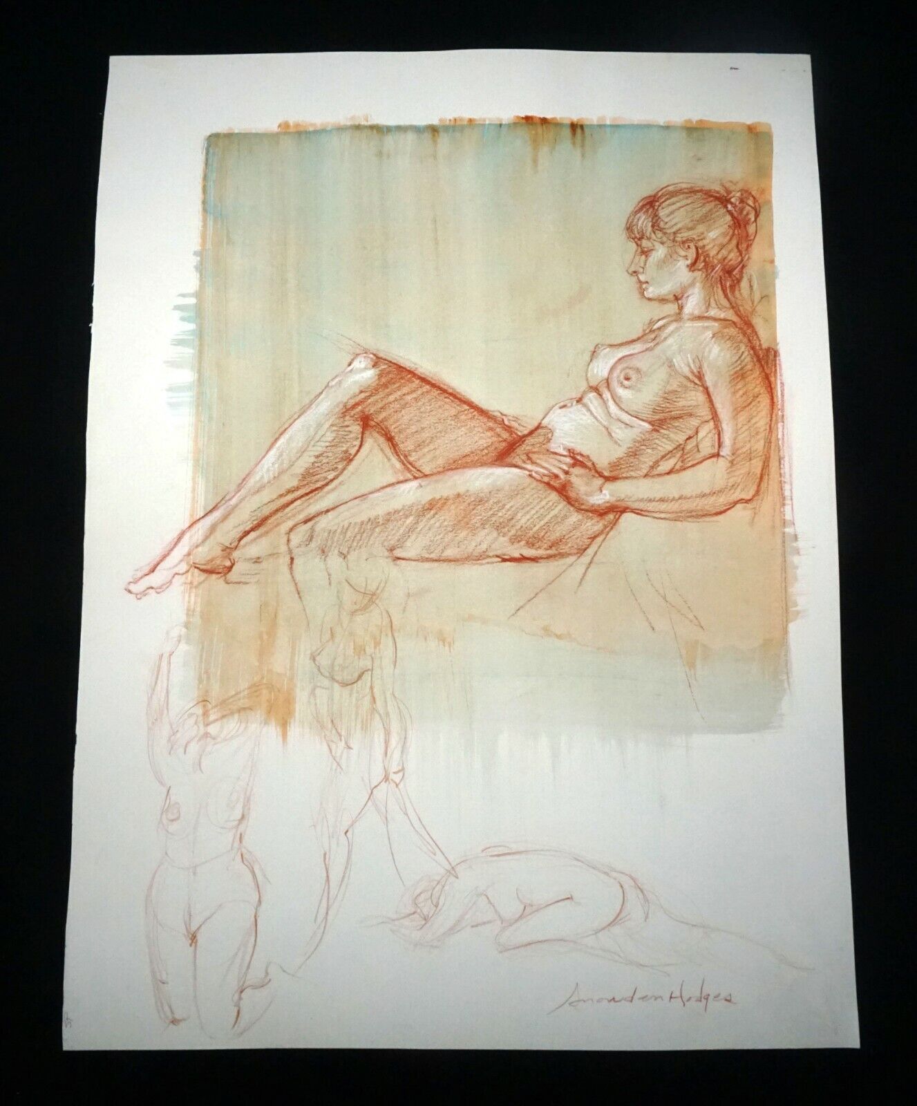 Hawaii Mixed Media Wash Painting Seated Female Nude Snowden Hodges(Sho)#127