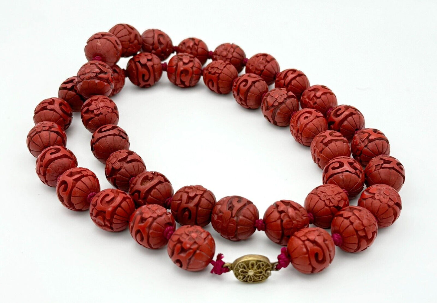 Vintage Chinese Hand-Carved Cinnabar Red Bead Necklace w Sterling Clasp (MiM)