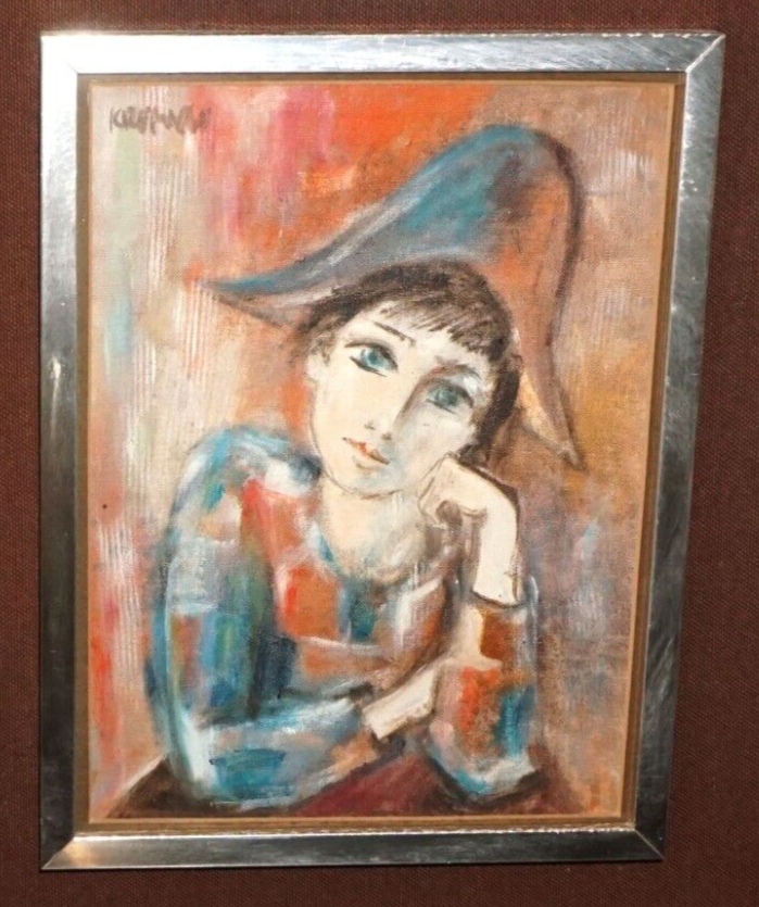 Vintage German Oil Painting of a Harlequin by Evelin Krumnau (HiC)