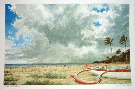 Hawaii Watercolor Painting The Squall & Beached Outrigger by by L. Segedin #124