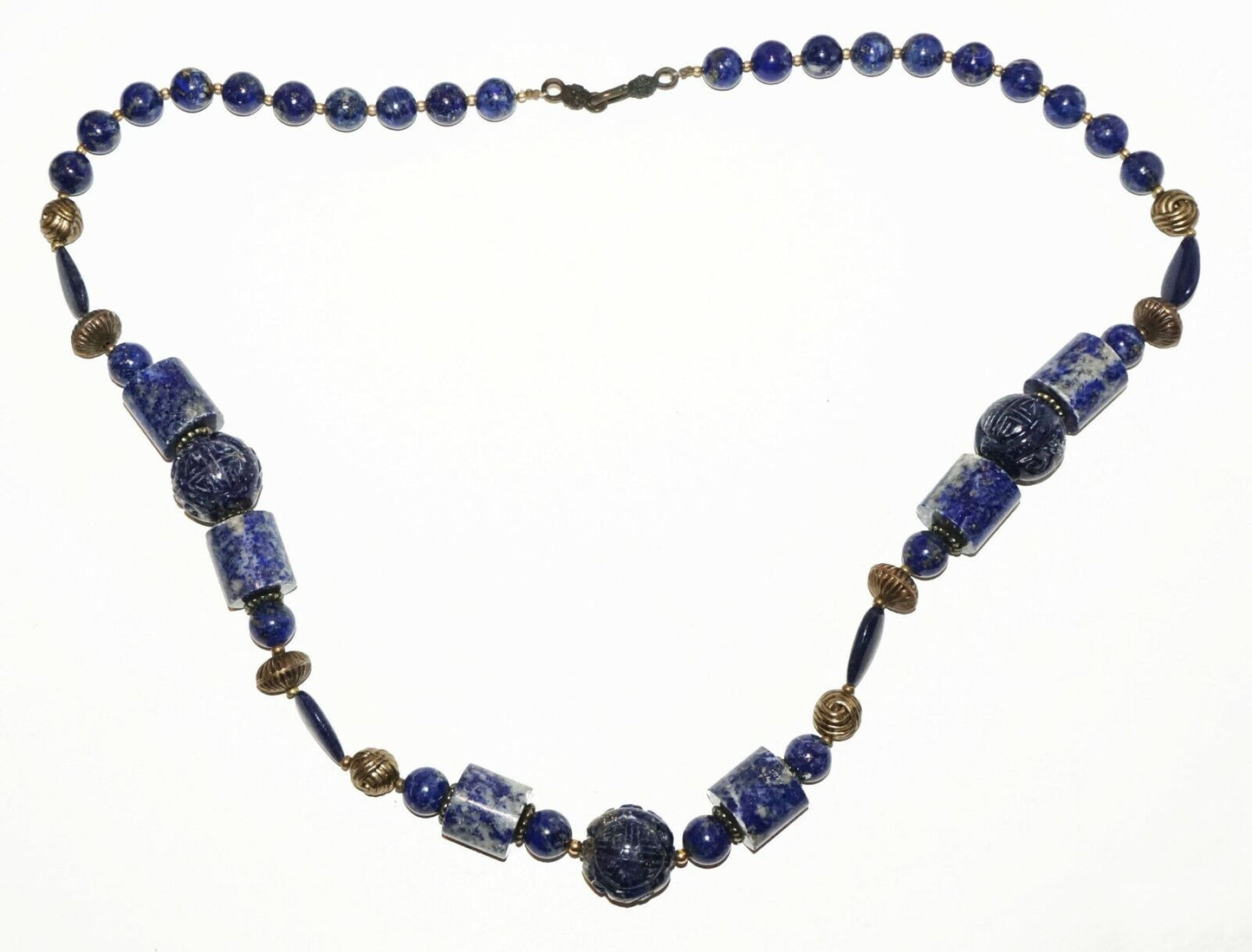 Vintage Chinese Lapis Lazuli Bead Necklace w. Plain & Carved Beads (HaY)#18