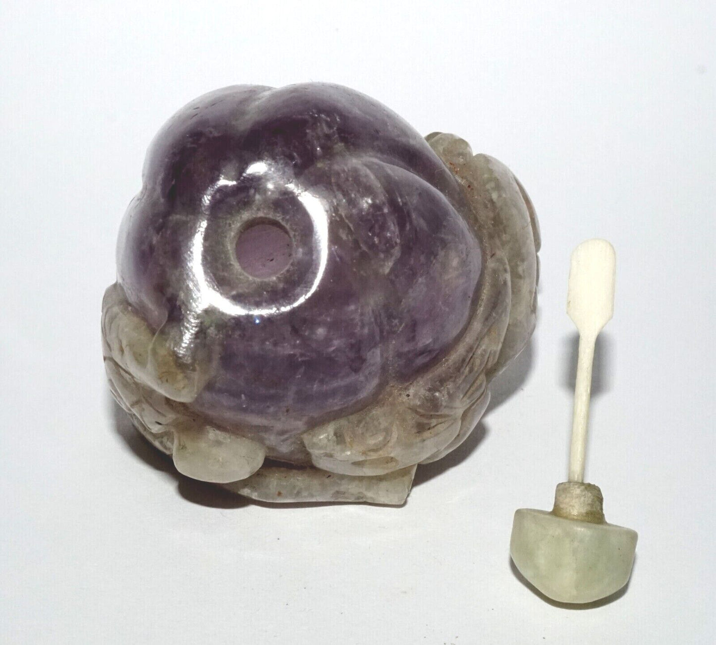 Vintage Chinese Purple Fluorite Carved Snuff Bottle w. Stone Stopper (LeS) G12