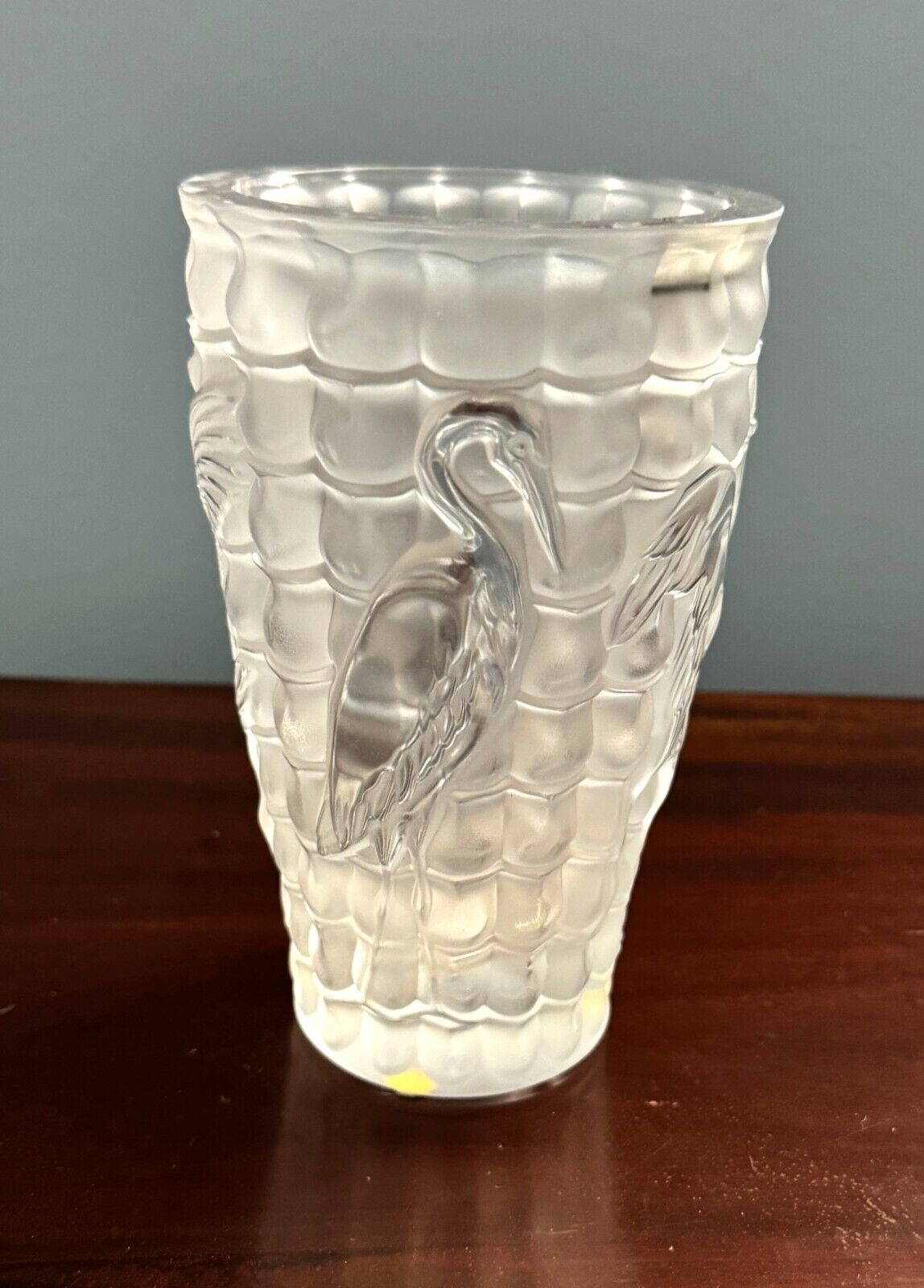 Vintage French Lalique Frosted Crane Vase With Box (InS)