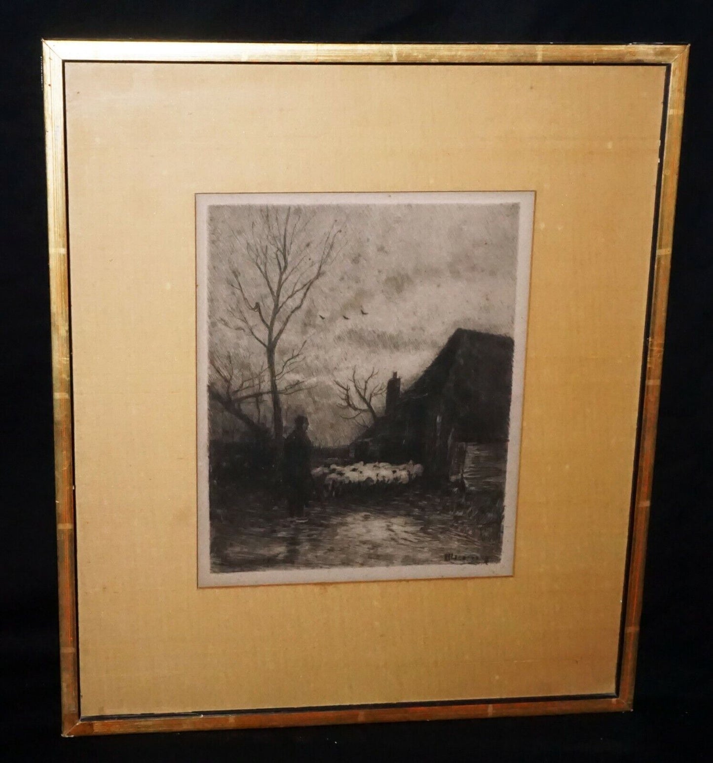 1890s German Etching Print Shepherd before Dawn Helmut Liesegang (1858-1945)(***