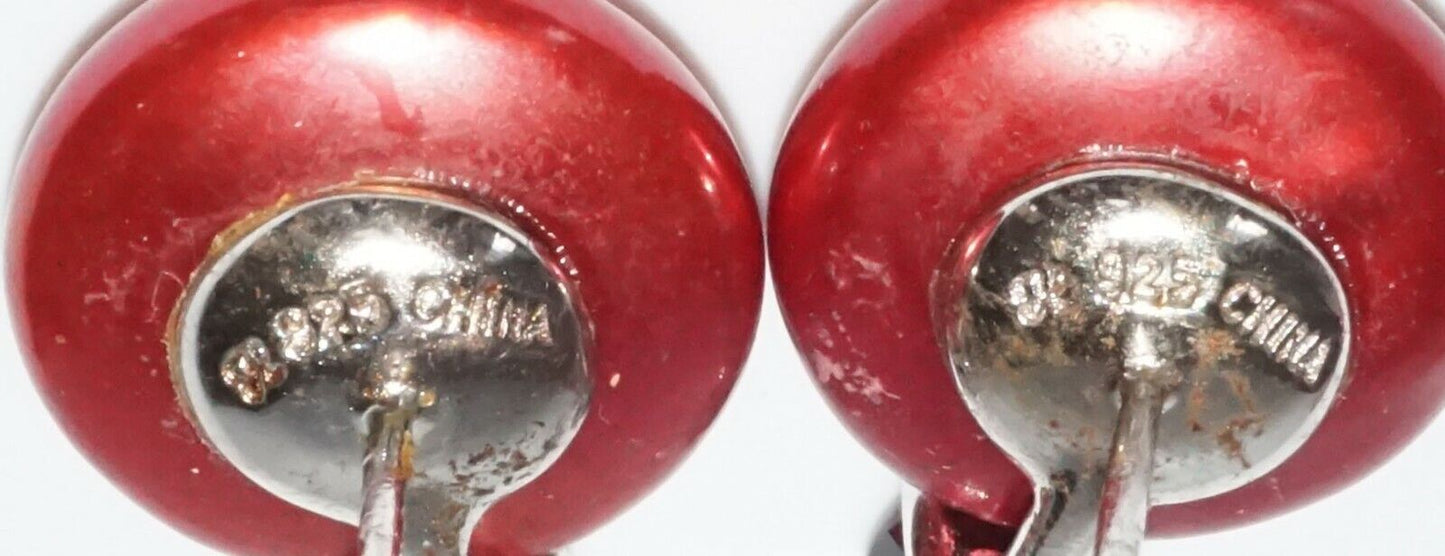 3Pc Chinese Sterling Silver Red Baroque Pearl Necklace & Earrings (SaR)#443