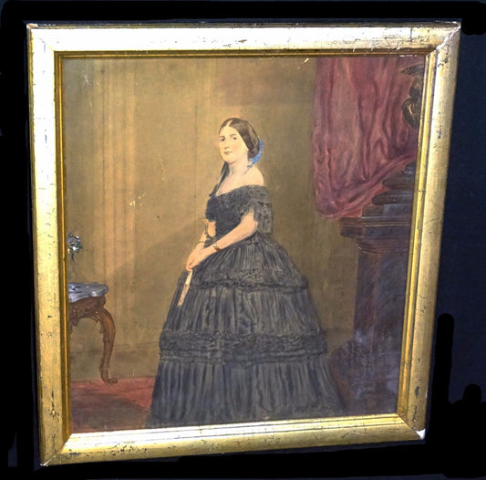 19C Victorian Gouache WC Portrait Painting Woman in Interior illegibly sign(Sto)