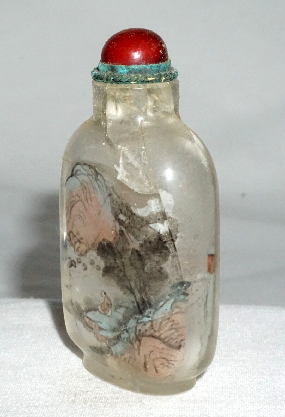 Vtg Chinese Reverse Painted Glass Snuff Bottle Seated Figure in Landscape (LLA)