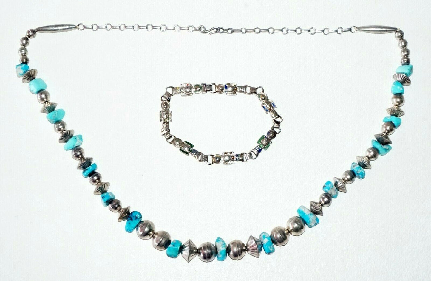 2Pc S.W. Silver & Turquoise & Enamel Tribal Bead Necklace & Bracelet (TaE) #44