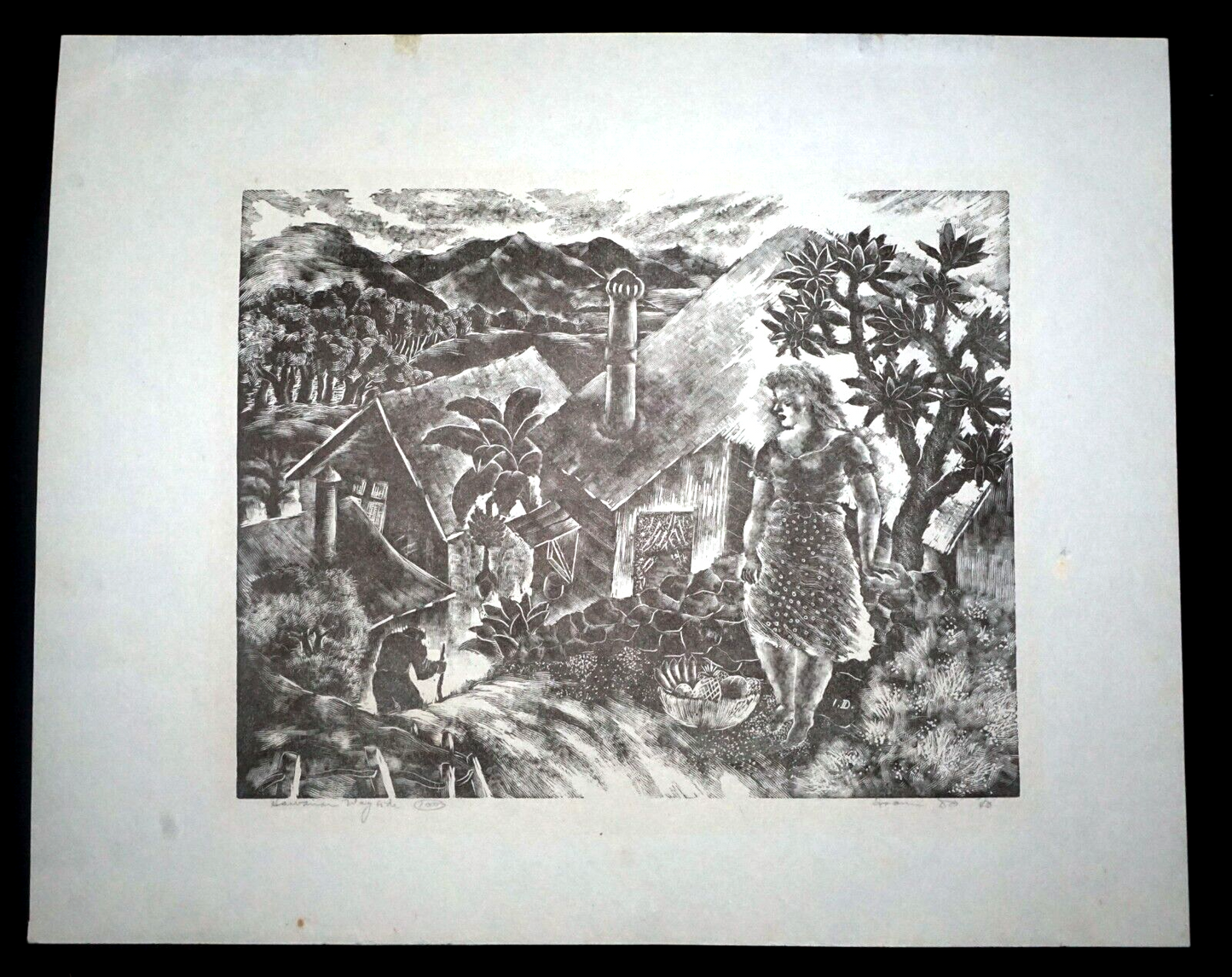 1940 Hawaii Linocut Print Hawaiian Wayside by Isami Doi (1903-1965) (LLA)