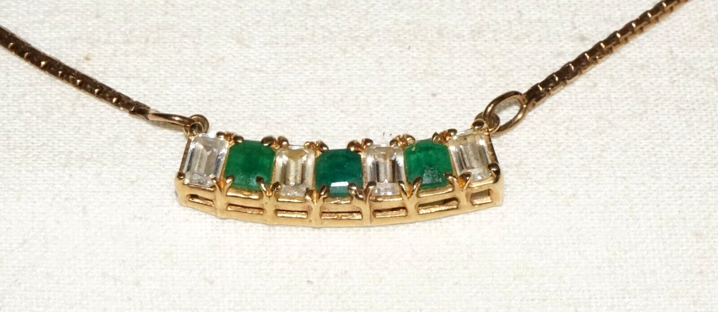 Vintage 14k Yellow Gold Necklace w. Bar Pendant 3x Emeralds & 4x CZ's (GoB) #29