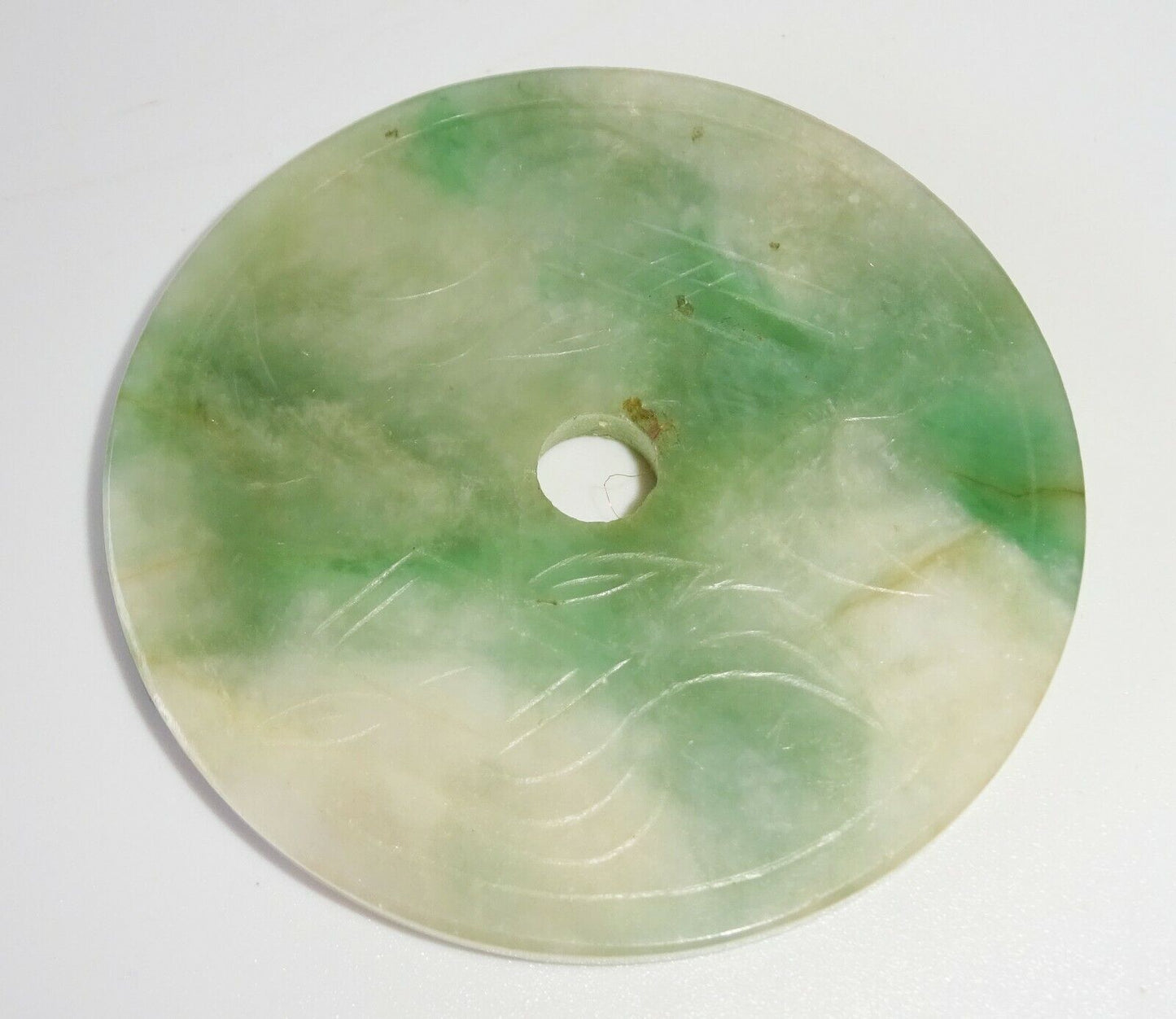 20C Chinese Jadeite Jade Incised Petal Motif Disk Carving (FeO) #37a