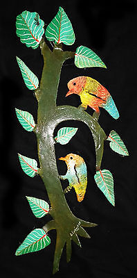 80s HAITIAN PAINTED METAL SCULPTURE "BIRDS on a TREE" by A. LEANDRE 2nd (Stea)