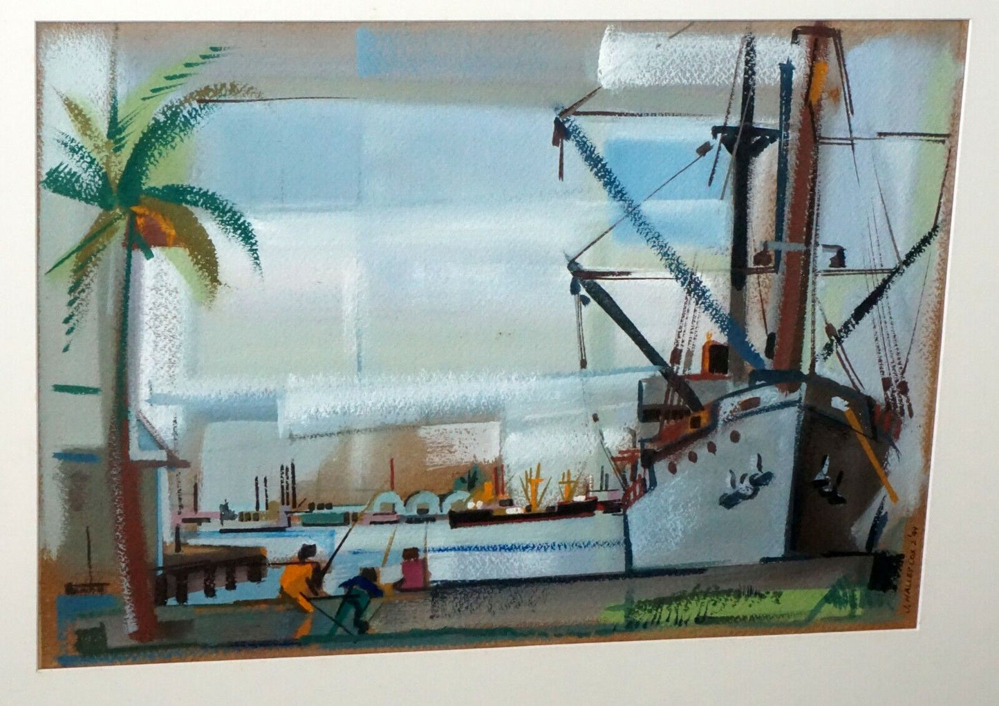 '49 Hawaii Watercolor Painting "Harbor Scene" by J. Halley Cox (1910-1974)(Dyb)