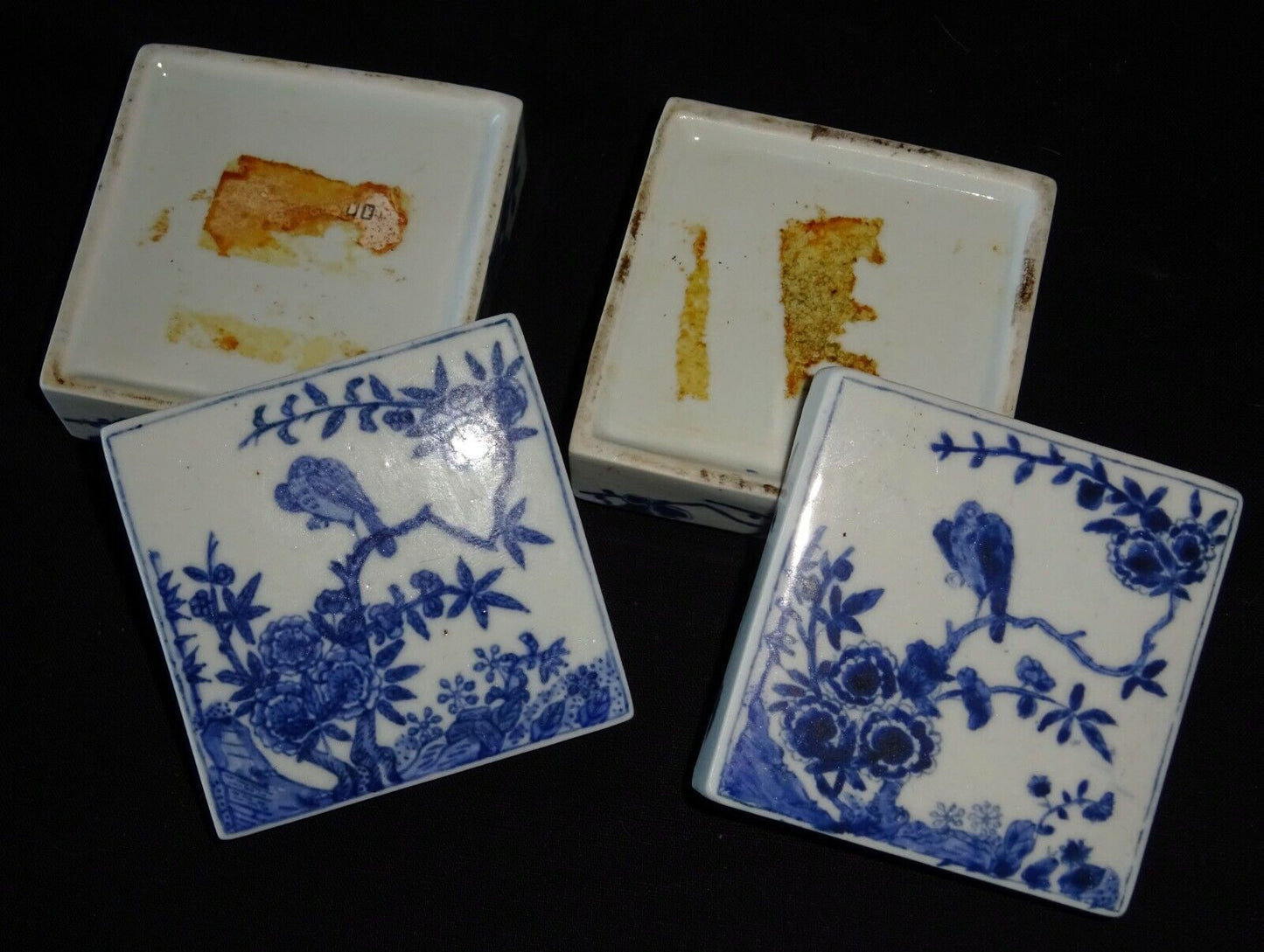 Pair 19C Chinese Blue & White Square Porcelain Boxes Bird & Flower Motif (HeN)