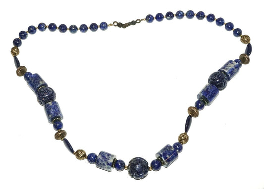 Vintage Chinese Lapis Lazuli Bead Necklace w. Plain & Carved Beads (HaY)#18