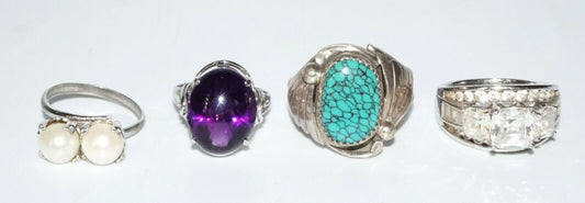 4x Vtg Silver Rings Sz 6.25/6.5/8/9.5 w. Amethyst C.z. Pearl Turquoise (SaR)#426