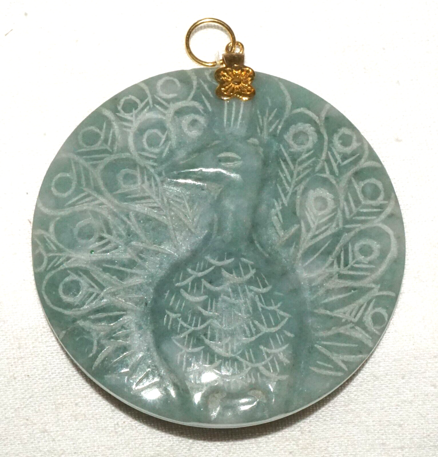 Vintage Chinese Blue Green Jade Disk pendant w. Peacock Motif (InS)#L4