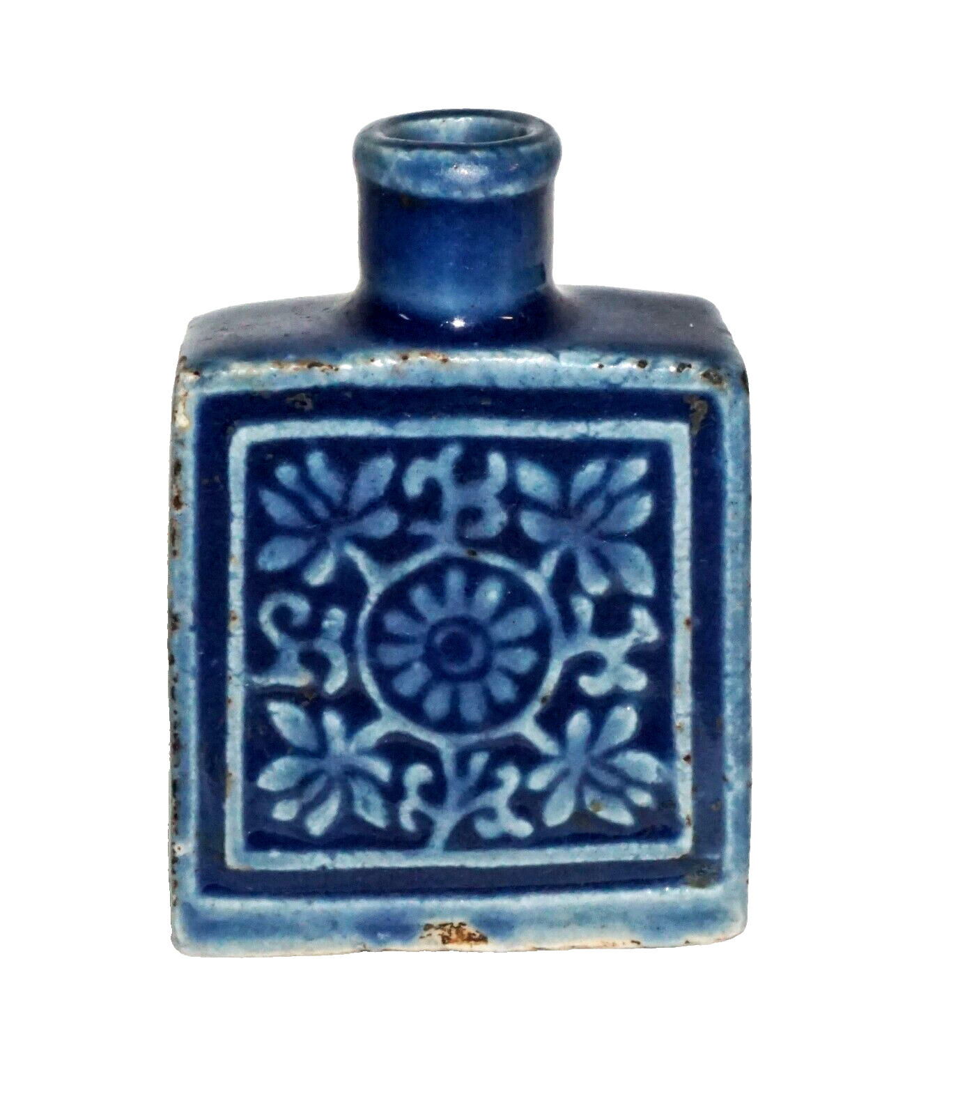 Antique Chinese Blue Glaze Molded Pottery Snuff Bottle w. Floral Motif (Kai) IC