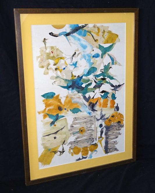 1983 Egyptian WC Painting Collage "Birds" by Mounir Canaan (1919-1999) (Stea)