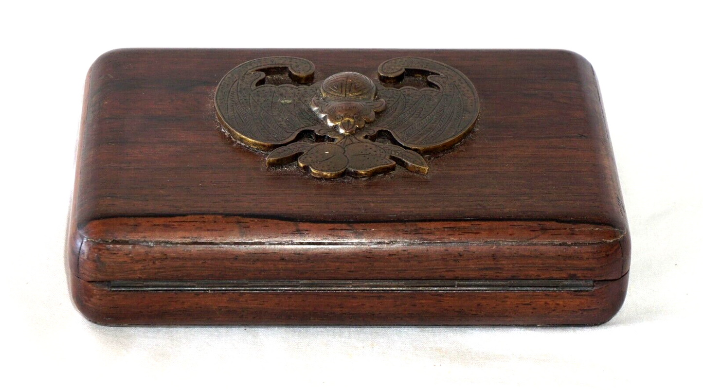 1920s Chinese Hongmu Hinged Top Box w. Bat & Double Peach Relief Plaque (ChB)