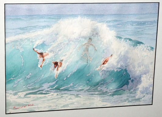 1996 Hawaii Watercolor Painting "Body Surfing@Sandy Beach" by Joe Pimental (FeH)