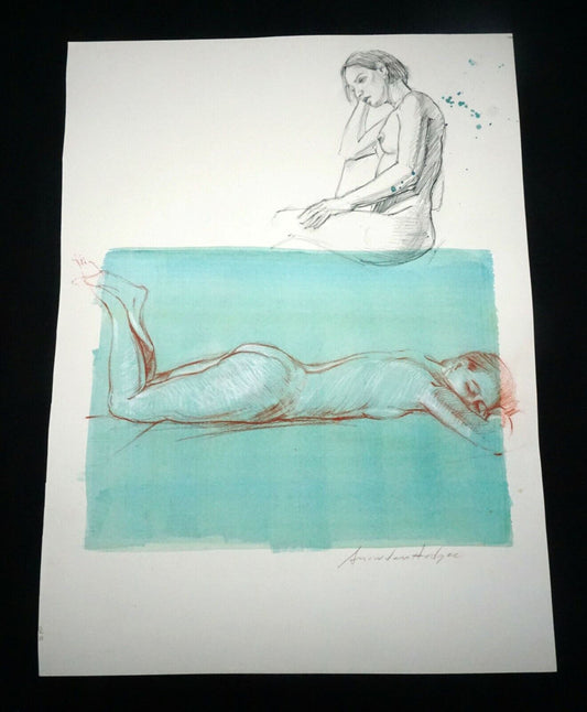 Hawaii Mixed Media Wash Painting Sleeping Female Nude by Snowden Hodges(Sho)#105