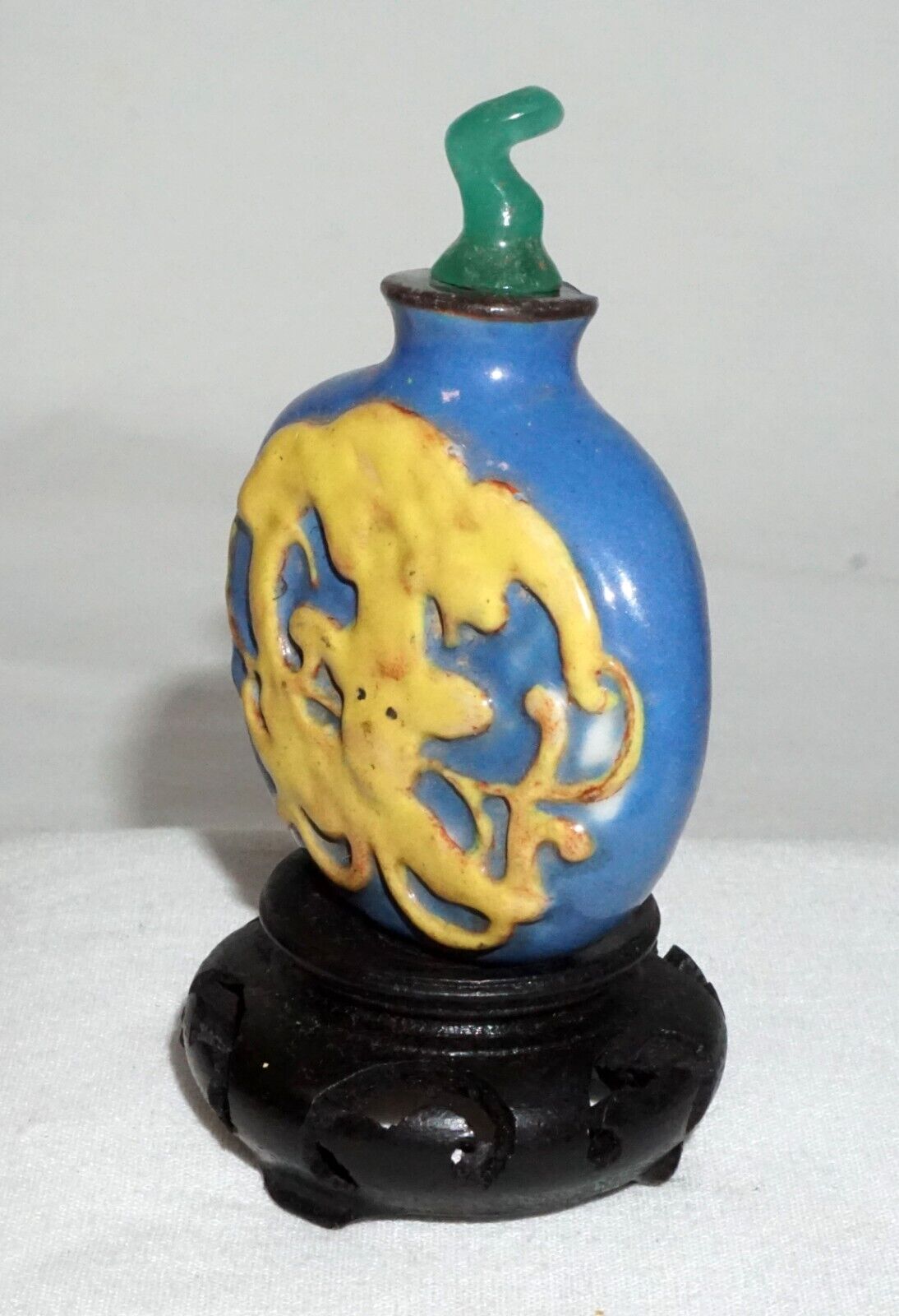 Vintage Chinese Blue Ground Porcelain Relief Dragon Motif Snuff Bottle (LLA) IC