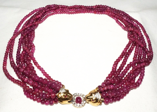 Vintage 7x Strand Ruby Bead Necklace w. 14k Y. Gold Double Leopard Clasp (LeD)