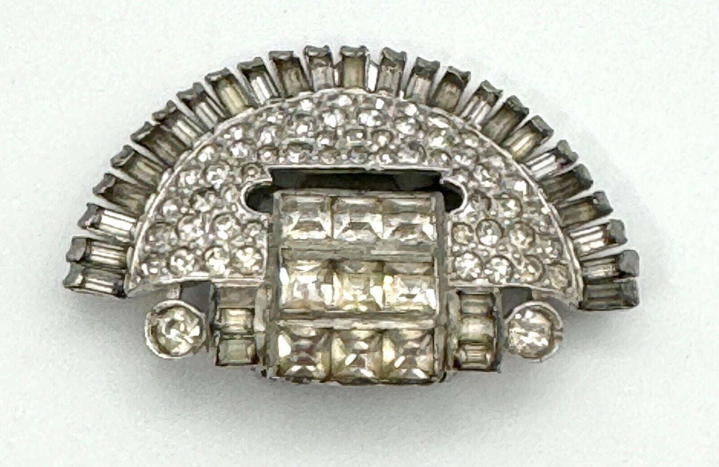 Vintage Silver Tone Rhinestone Dress Clip w Round & Square Stones (McC)