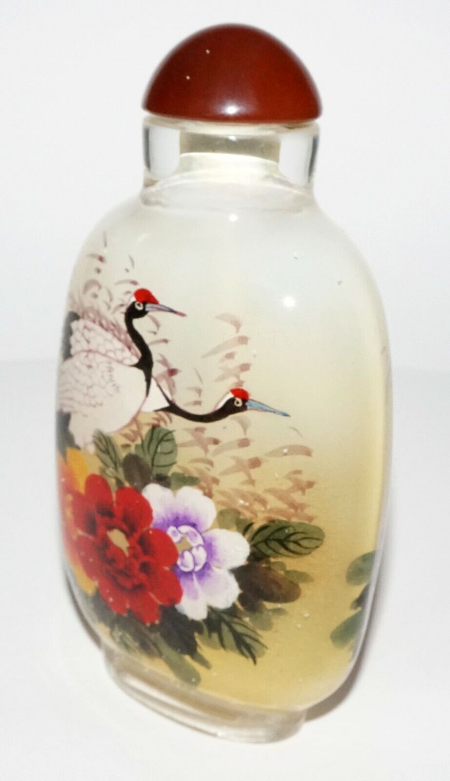 Vintage Chinese Reverse Painted Glass Snuff Bottle w. Birds & Flowers (LeS)