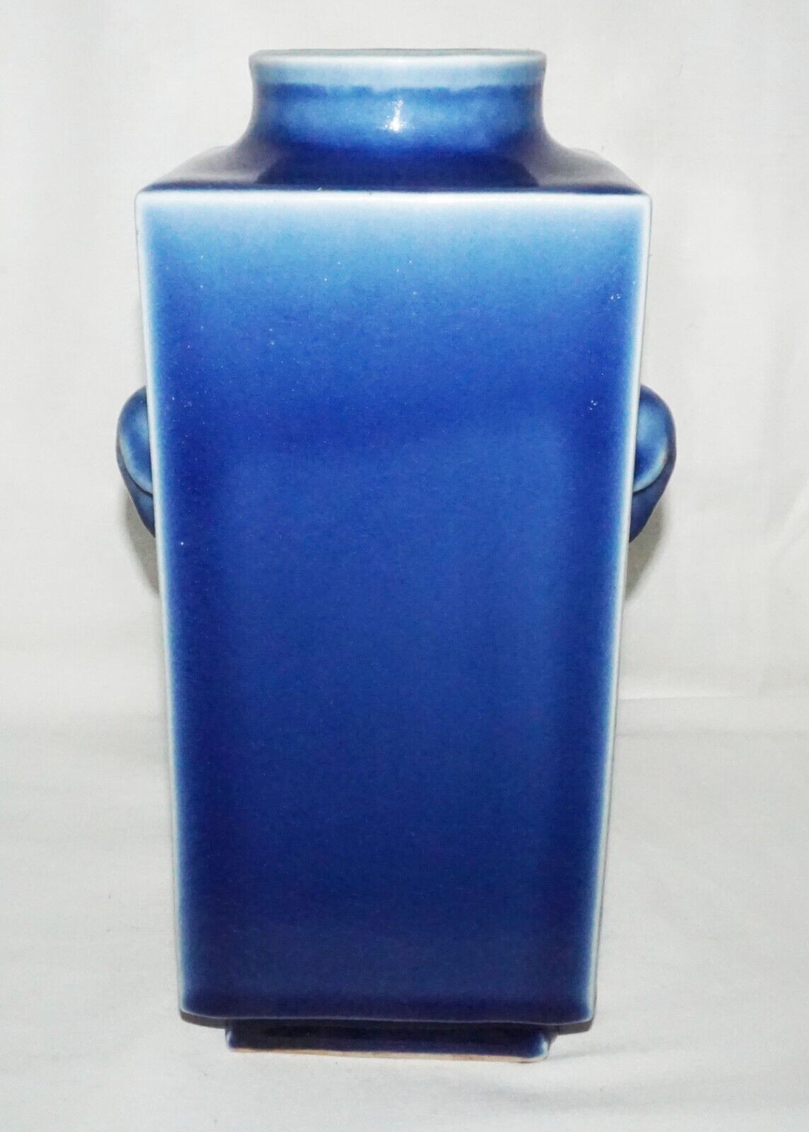 Chinese Blue Glazed Square Cong Form Vase w. Elephant Handles & Reign Mark(LeS)