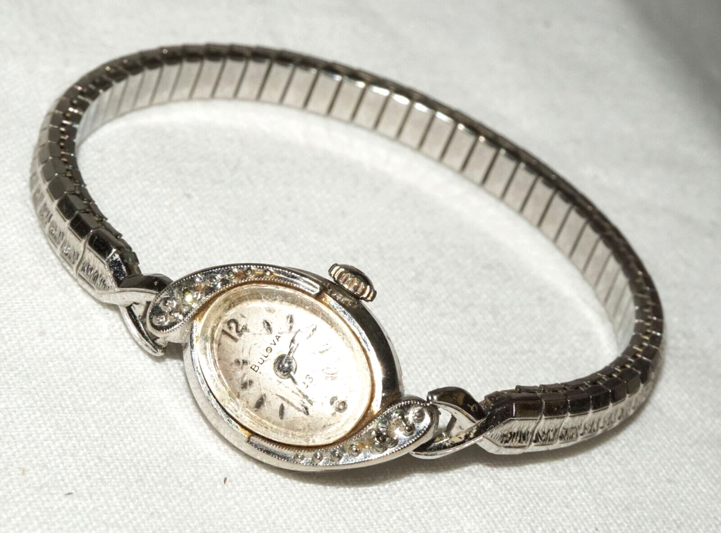 Vintage 10k White Gold Plated Ladies Wristwatch & Stainless Steel Band (MuS)