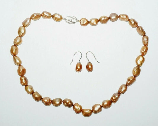 3Pc Chinese Sterling Silver Golden Baroque Pearl Necklace & Earrings (SaR)#442