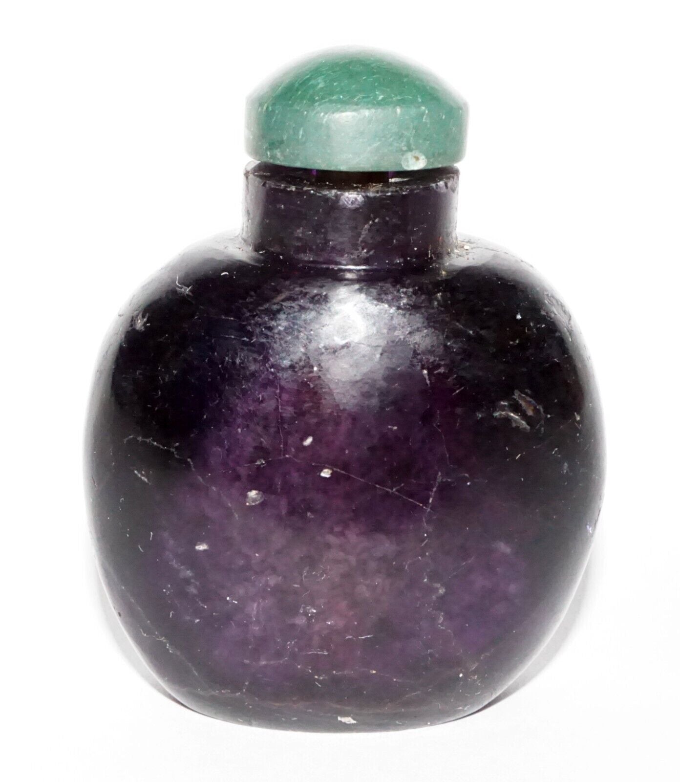 Vintage Chinese Dark Purple Fluorite Carved Snuff Bottle w. Green Stop (LeS) G8