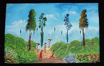 1980's Haitian Acrylic Mini Painting "Blue Jungle Rd" by illegible signed (Stea)