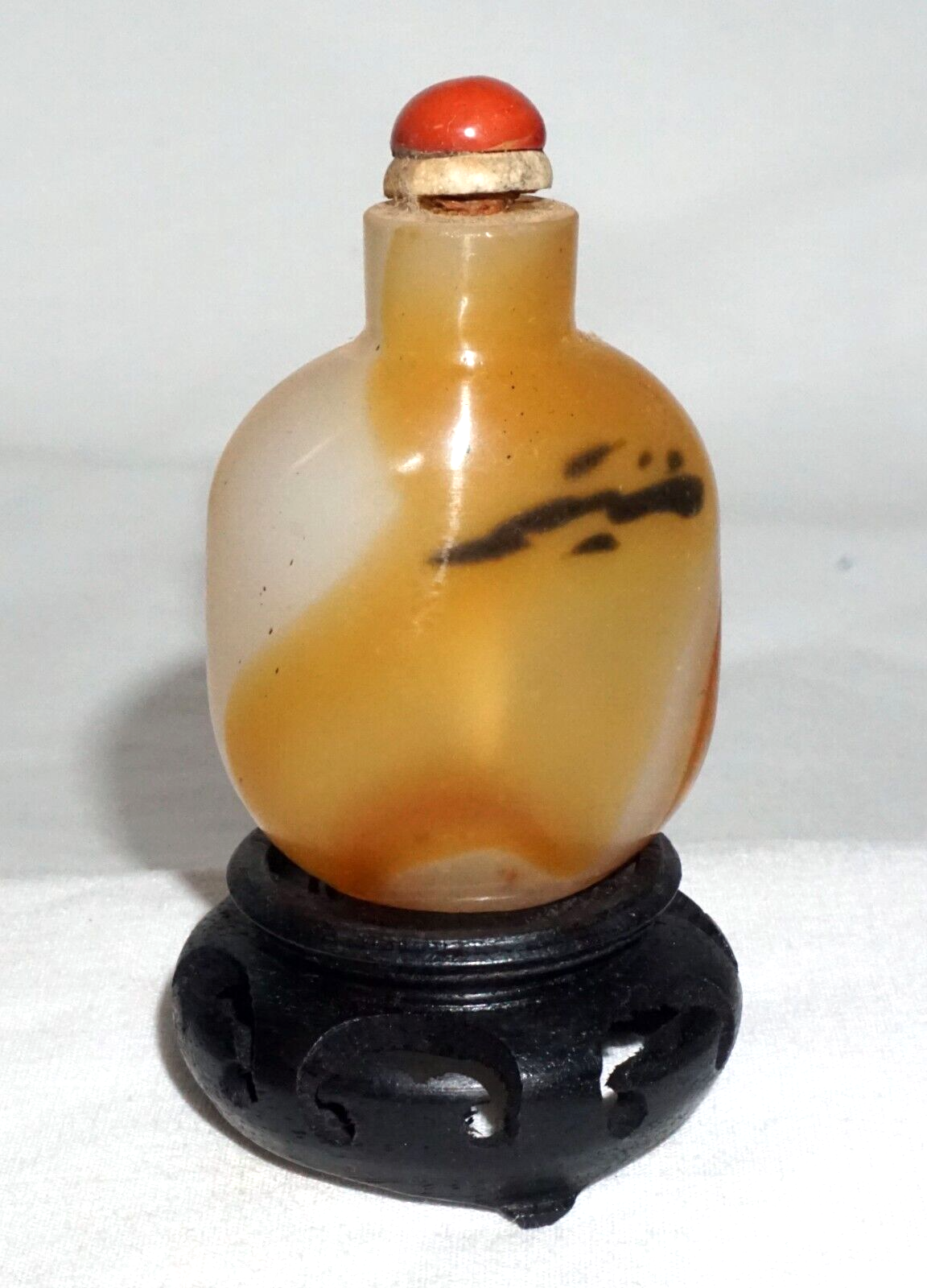 Vintage Chinese Shadow Agate Style Glass Snuff Bottle on Stand (LLA)