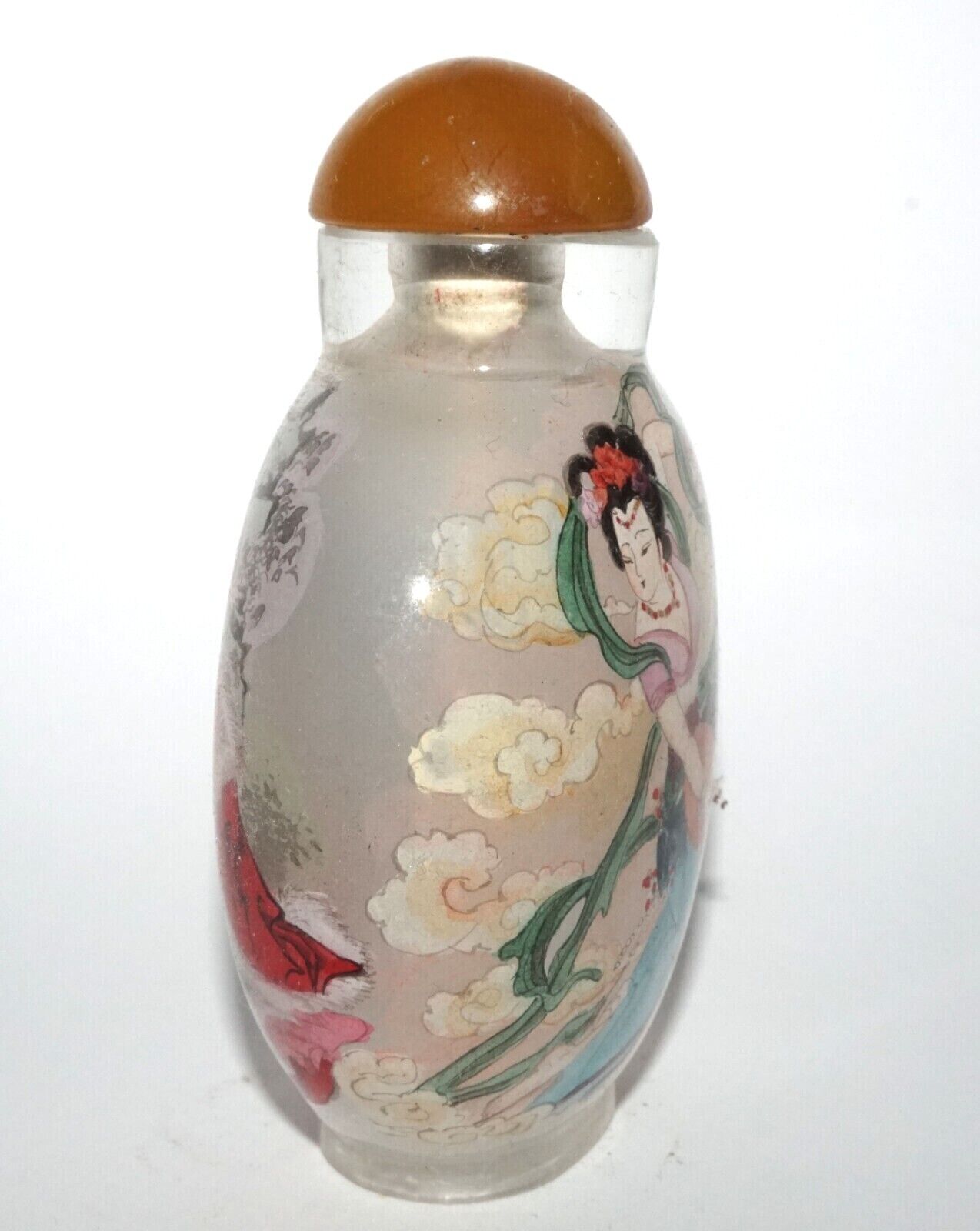 Vintage Chinese Reverse Painted Glass Snuff Bottle w Woman Motifs (LeS) G12