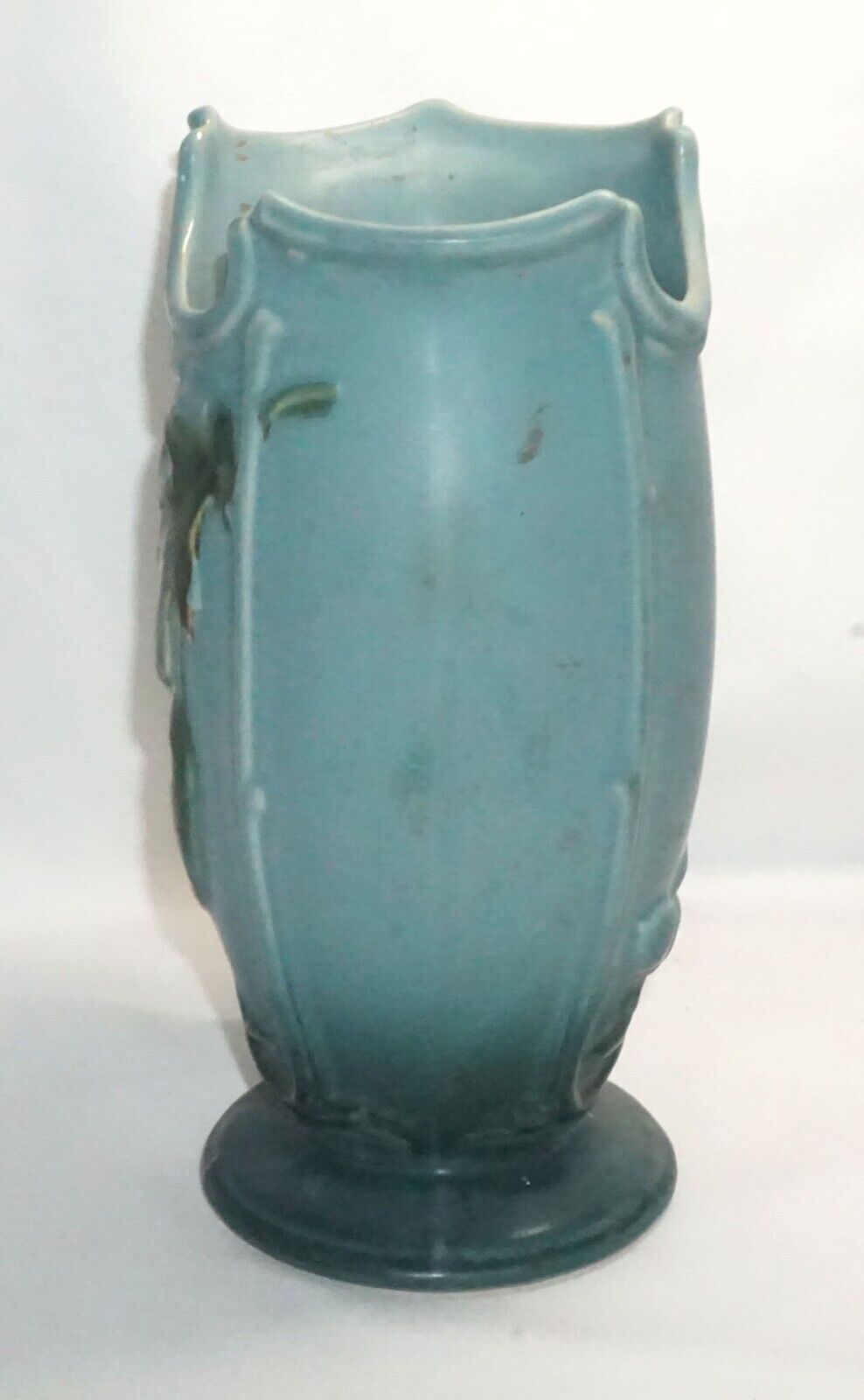 Vintage Arts & Crafts Weller Pottery Matte Blue Green Vase w Oak Leaves (NeW)