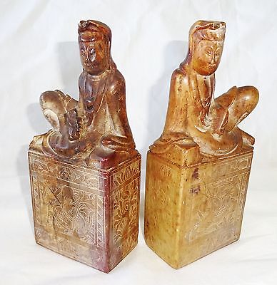 20CT Pair Chinese Steatite Seals Surmounted by Robed Female Figure (AHB)