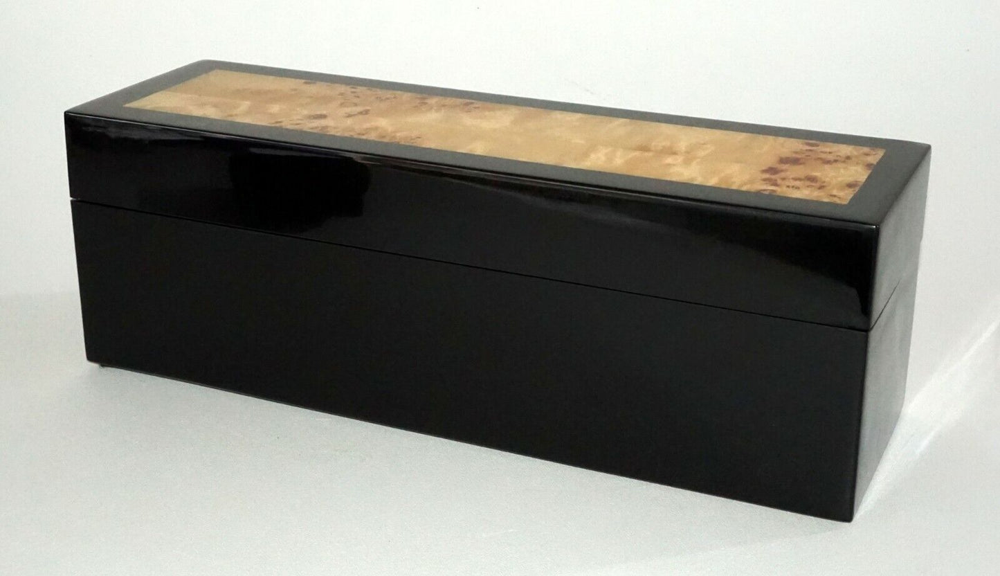 Vintage Japanese Black Lacquer Covered Box w. Honey Burl Inlaid Accent (CWo)