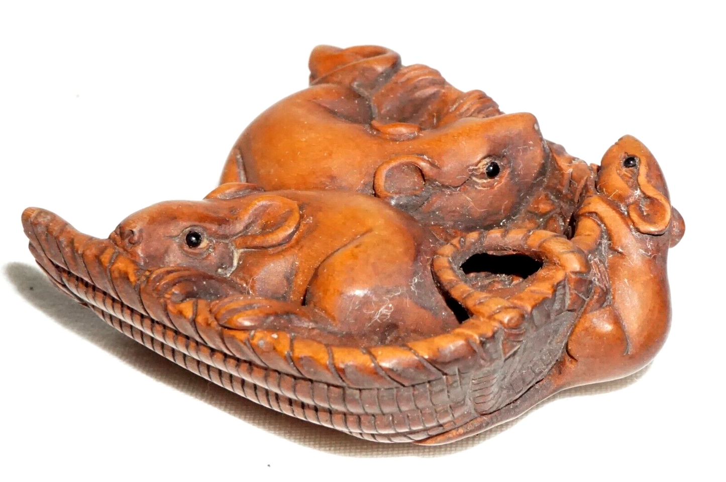 Vintage Japanese Carved Wooden Netsuke Three Mice in a Basket (FeH)