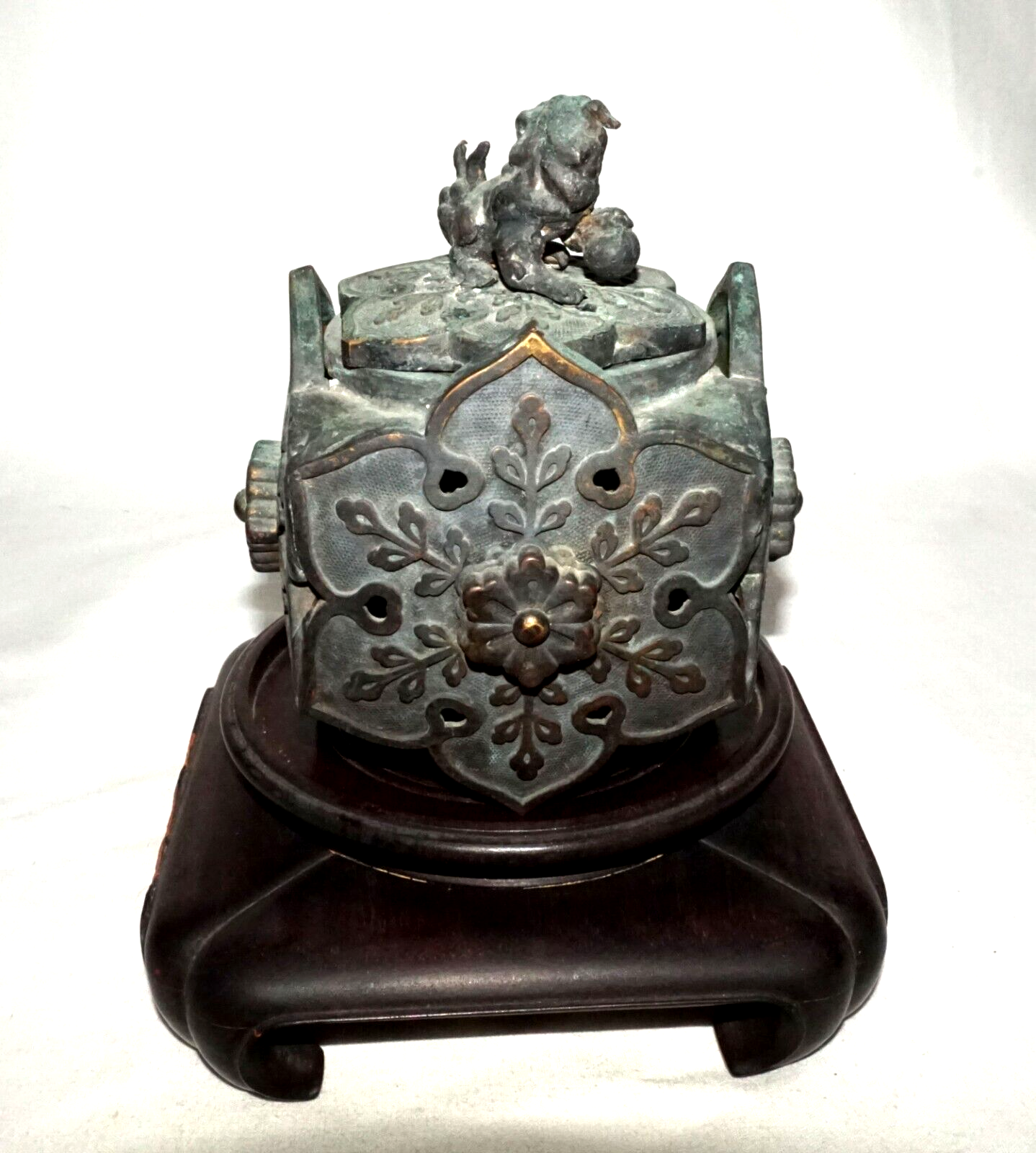 Chinese Bronze Flower Motif Incense Burner w. Foo Dog Finial on Base (WiR)