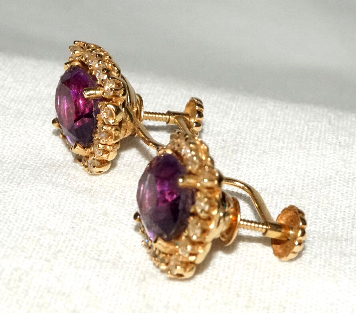 Vintage US 14k Yellow Earrings w. 2x Amethysts & 32x Cubic Zirconia (GoB)#12b