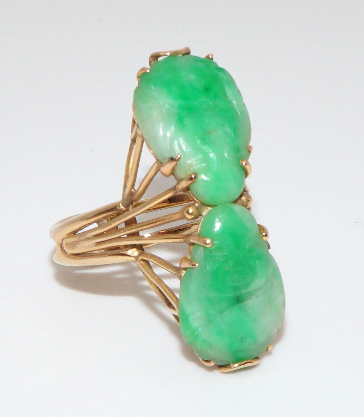 14k Gold Wireframe Ring w 2 Buddha Shaped Apple-Green Jades Sz. 7 1/2 (ArS)